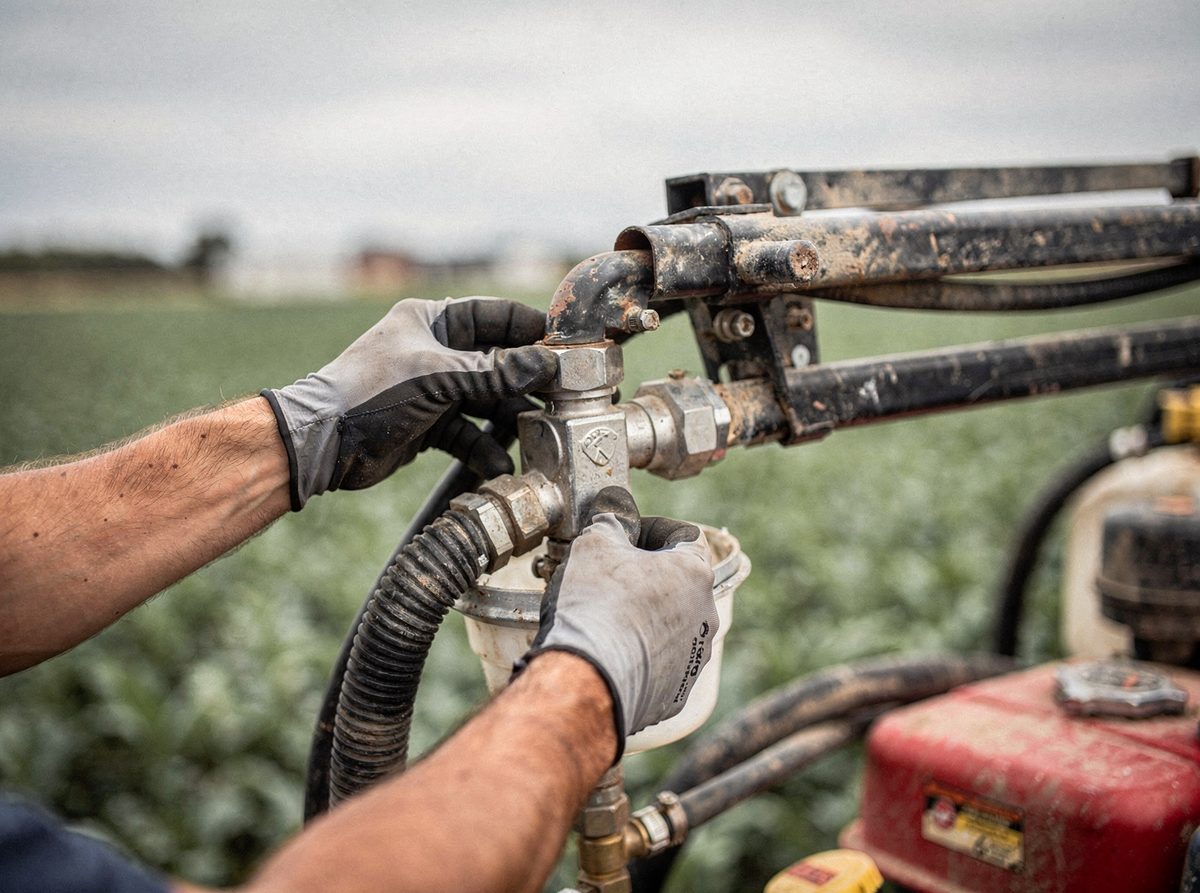 A technician adjusting a spray nozzle on a boom sprayer in the field