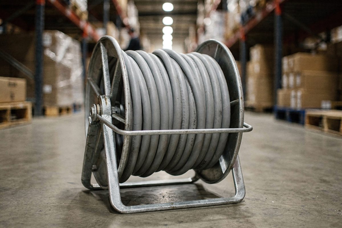 Layflat spray hose wound onto a reel bracket in the warehouse