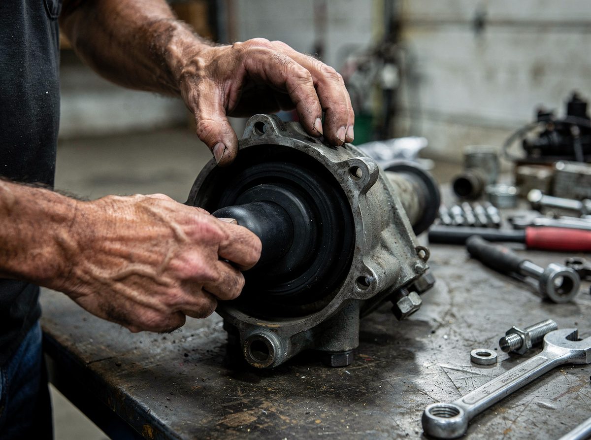 Hands fitting a replacement diaphragm into a boom pump housing
